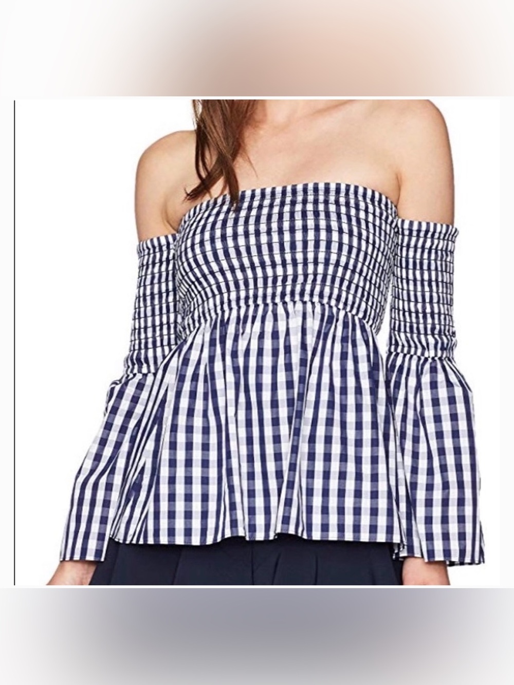 MILLY Gingham Smocked Off The Shoulder Bell Sleeve Top Navy Blue White S